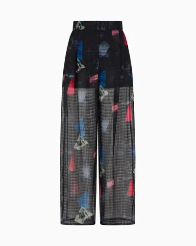Emporio Armani Silk Trousers With Pleats And Micro Check Motif And Abstract Print