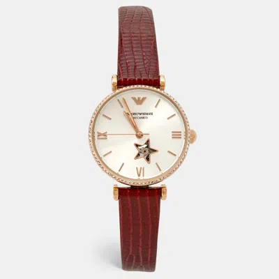 Pre-owned Emporio Armani Silver Rose Gold Plated Stainless Steel Leather Meccanico Ar60044 Women's Wristwatch 34 Mm
