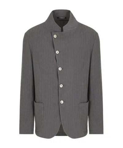 Emporio Armani Guru-collar Jacket With Off-centre Fastening In Bark-effect Armure Fabric In Gray