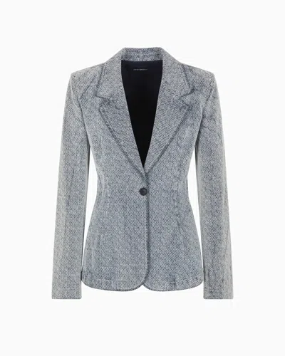 Emporio Armani Single-breasted Blazer In Flocked Denim With An All-over Chevron Motif In Gray
