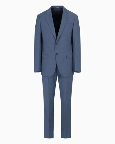Emporio Armani Single-breasted, Comfort-fit Suit In Fil-à-fil Virgin-wool Canvas In Blue