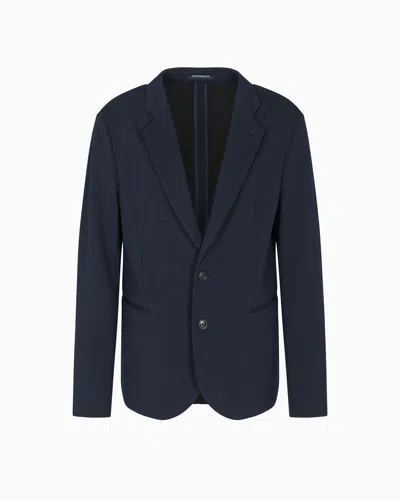 Emporio Armani Single-breasted Jacket In A Jacquard Double Jersey Knit In Blue