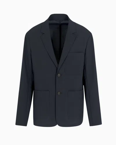 Emporio Armani Single-breasted Jacket In Nylon Seersucker In Navy Blue