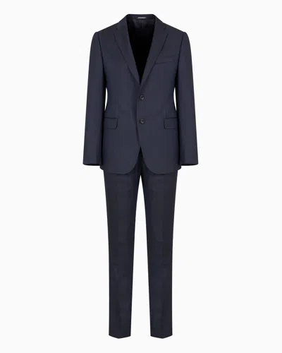 Emporio Armani Single-breasted, Slim-fit Suit In Superfine Wool With A Striped Chevron Motif In Blue