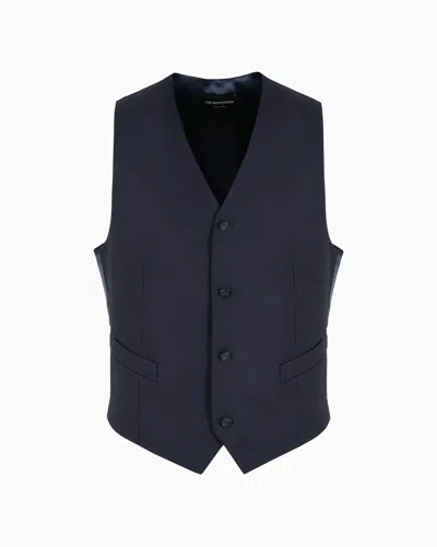 Emporio Armani Single-breasted, Worsted Virgin-wool Gilet In Navy Blue