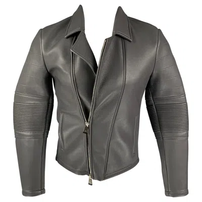 Pre-owned Emporio Armani Size 34 Grey Leather Biker Jacket In Gray