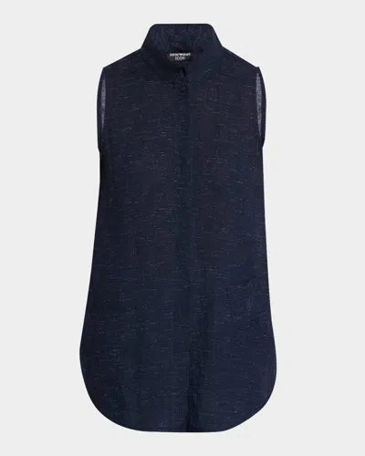 Emporio Armani Sleeveless Linen Chambray Blouse In Navy