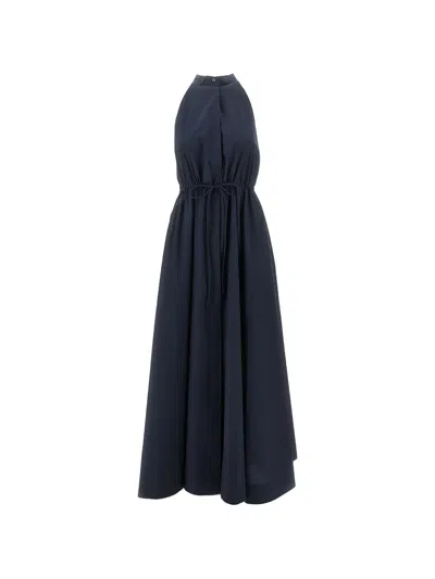 Emporio Armani Cotton Midi Halter Dress Sleeveless Drawstring In Blue