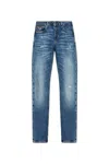 Emporio Armani Distressed Cotton Denim Jeans With Belt Loops In Blue