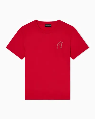 Emporio Armani Slim Fit Jersey T-shirt With Lunar New Year Rhinestone Shape In Red