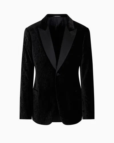 Emporio Armani Official Store Slim-fit Velvet Tuxedo Jacket With All-over Printed Motif In Black