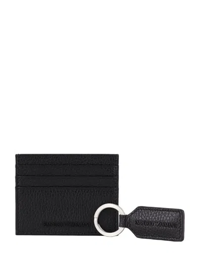 Emporio Armani Gift Box With Card Holder And Keyring In Tumbled Leather In Black