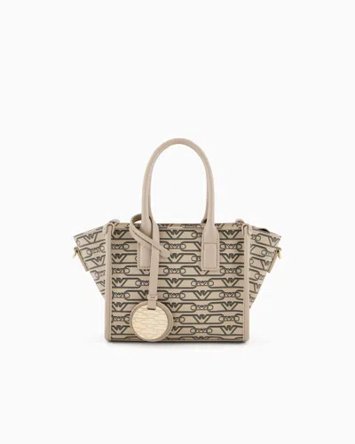Emporio Armani Small Shopper Bag With All-over Monogram Print In Beige