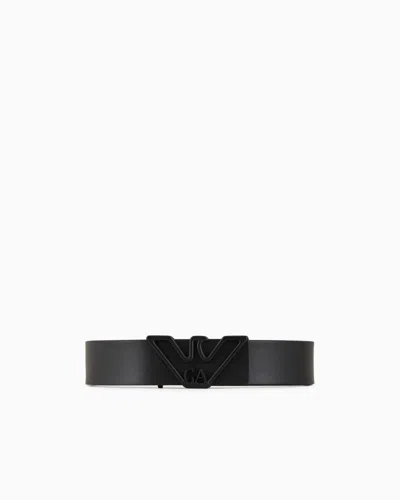 Emporio Armani Smooth Leather Belt With Eagle Plate In Black