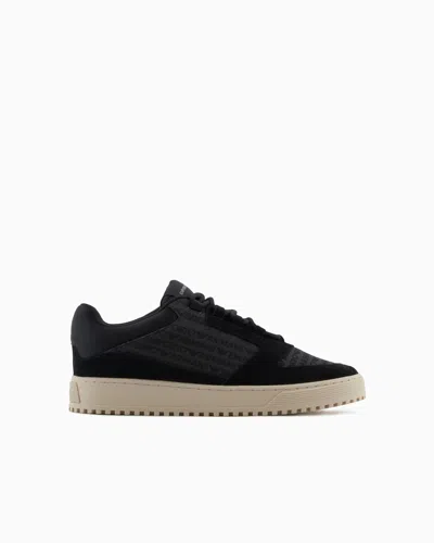 Emporio Armani Sneakers In Suede And Jacquard With Logo Lettering In Black
