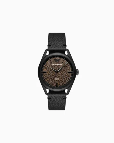 Emporio Armani Solar-powered Three-hand Black Leather Watch In Multicoloured