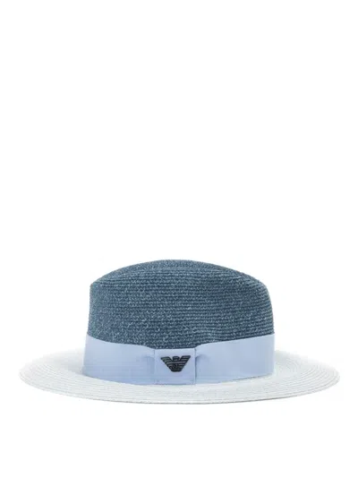 Emporio Armani Straw Fedora Hat In Blue