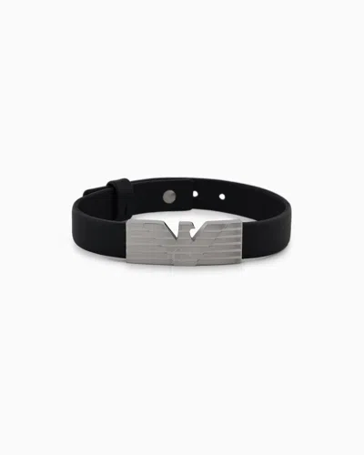Emporio Armani Stainless Steel And Black Leather Strap Id Bracelet In Multicoloured