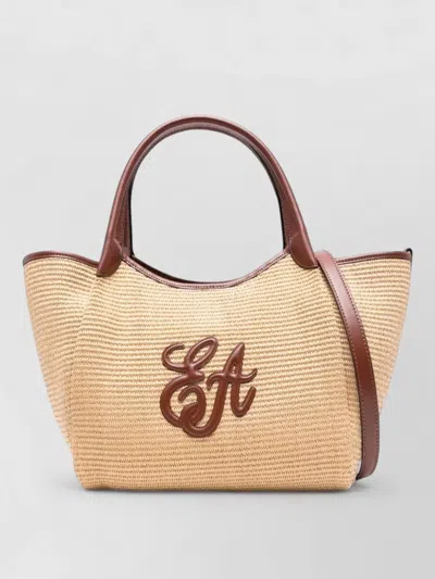 Emporio Armani Straw Tote Bag Shoulder Strap Top Handle In Brown