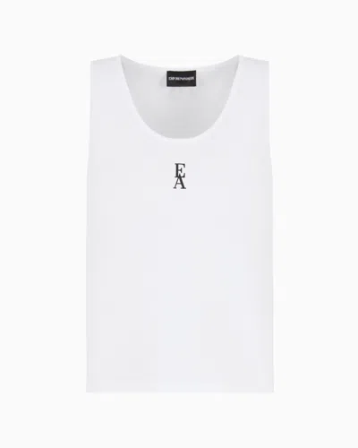 Emporio Armani Stretch Cotton Jersey Top With Logo In Optical White