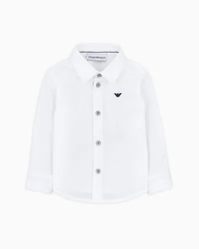 Emporio Armani Kids' Stretch Cotton Shirt With Eagle Embroidery In White