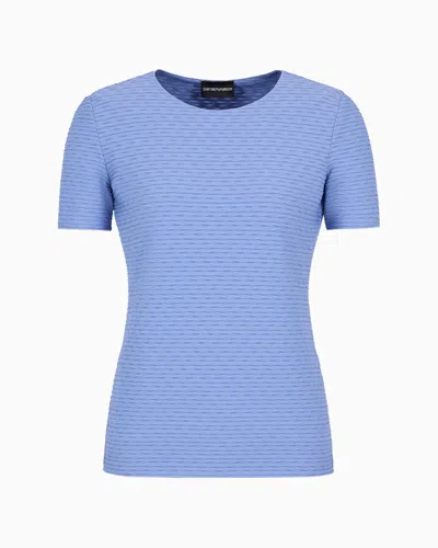 Emporio Armani Stretch Jersey Short-sleeved Jumper With An Embossed Irregular Knit In Light Blue