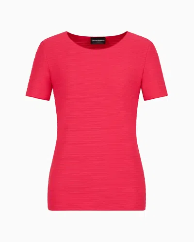 Emporio Armani Stretch Jersey Short-sleeved Jumper With An Embossed Irregular Knit In Red