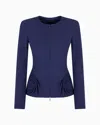 Emporio Armani Stretch Milano Stitch Fabric Zip-up Jacket With Side Draping In Blue