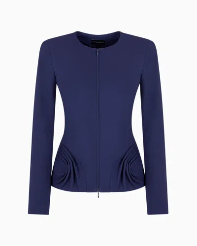 Emporio Armani Stretch Milano Stitch Fabric Zip-up Jacket With Side Draping In Blue