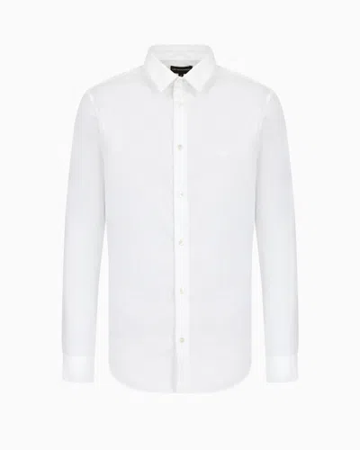 Emporio Armani Stretch Nylon-blend Shirt With Embroidered Eagle In White