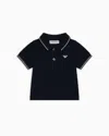 Emporio Armani Kids' Stretch Piqué Polo Shirt With Striped Trim In Navy Blue