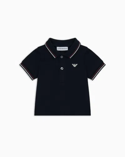 Emporio Armani Kids' Stretch Piqué Polo Shirt With Striped Trim In Navy Blue