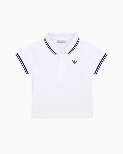 Emporio Armani Kids' Stretch Piqué Polo Shirt With Striped Trim In White
