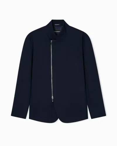 Emporio Armani Stretch Technical Gabardine Jacket With Zip In Blue