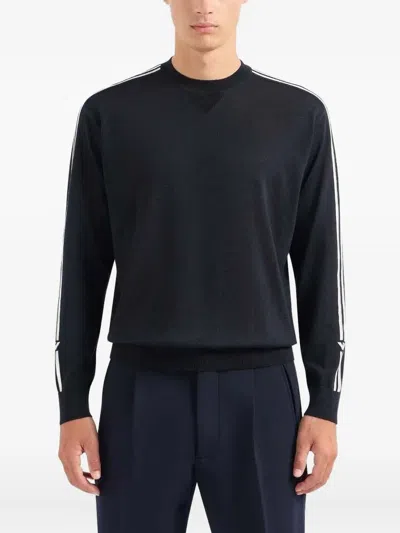 Emporio Armani Stripe-detail Crew-neck Sweater In Black