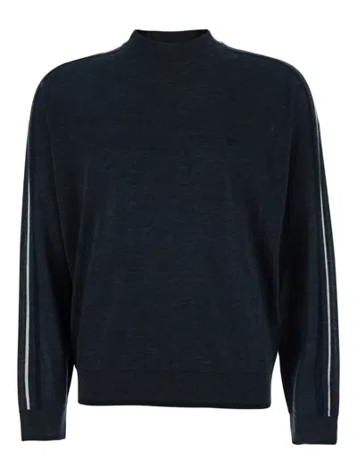 Emporio Armani Dark Grey Crewneck Sweater With Stripe Detail On The Sleeve In Wool Man In Blue