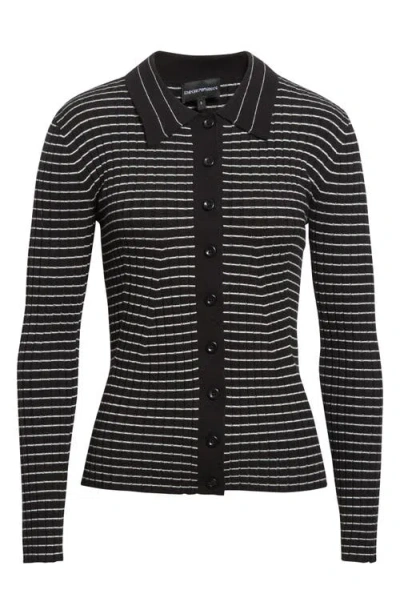 Emporio Armani Stripe Rib Collared Cardigan In Black