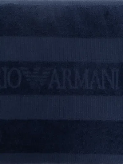 Emporio Armani Striped Beach Towel In Blue