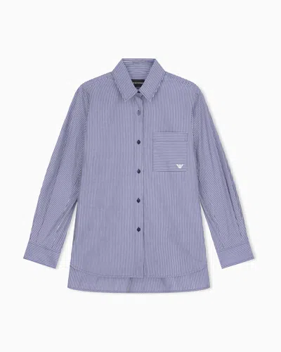 Emporio Armani Chemise En Popeline De Coton À Rayures Avec Poche Poitrine In Bleu