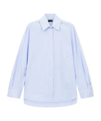 Emporio Armani Striped Cotton Poplin Shirt With A Single Chest Pocket In Blue