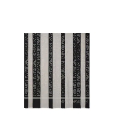 Emporio Armani Striped Jacquard Cotton Acetate Stole With Fringe And Logo In Purple