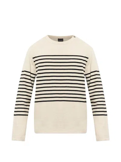 Emporio Armani Striped Linen Blend Sweater In Cream