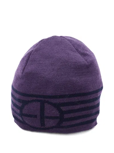 Pre-owned Emporio Armani Striped Logo Beanie Hat In Purple