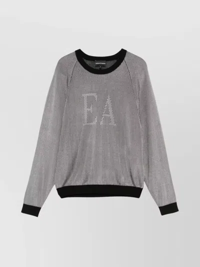 Emporio Armani Striped Logo Crew Neck Sweater In Grey