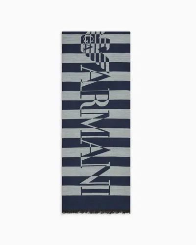 Emporio Armani Official Store Striped Modal-blend Scarf With Oversized Logo In Navy Blue