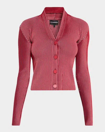 Emporio Armani Striped Rib Knit Cardigan In Red