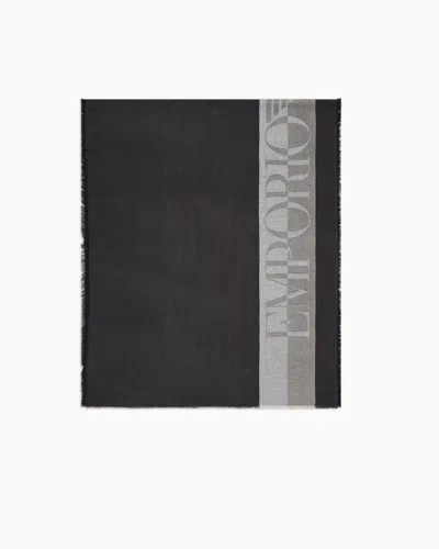 Emporio Armani Striped Scarf With Oversized Logo In Gray