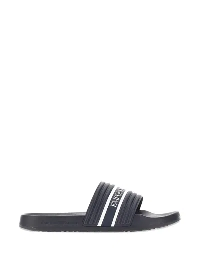 Emporio Armani Striped Slides In Blue