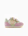 Emporio Armani Kids' Suede And Mesh Sneakers With Eagle And Velcro In Pink