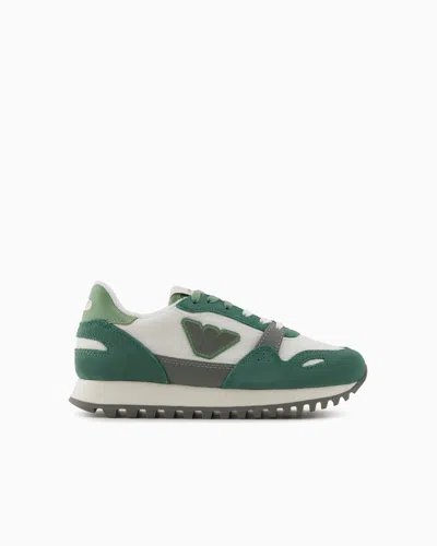 Emporio Armani Kids' Suede And Mesh Sneakers With Eagle In Green